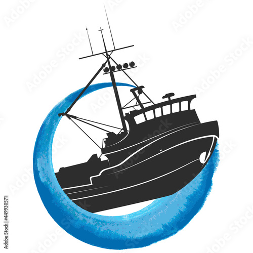 Fishing trawler sails on a blue wave design