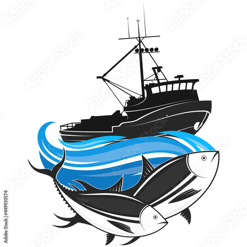 Fishing trawler on a blue wave and fish catch symbol