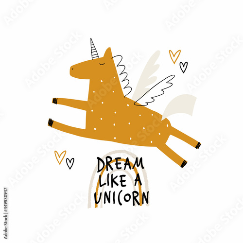 Child illustration with cute unicorn and hand drawn text. Vector funny animal for baby graphic suit printing. Kid print with lettering - Dream like a unicorn. Greeting card design.