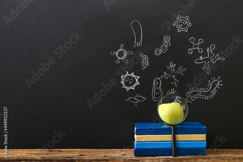 Books with apple and magnif...