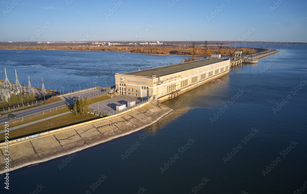 Aerial view of Novosibirsk hydroelectric power plant station on the Ob River