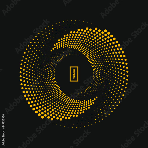 Yellow dotted lines in spiral form. Halftone design element for border frame, round logo, blackout tattoo, sign, symbol, web pages, prints, template, pattern and abstract background
