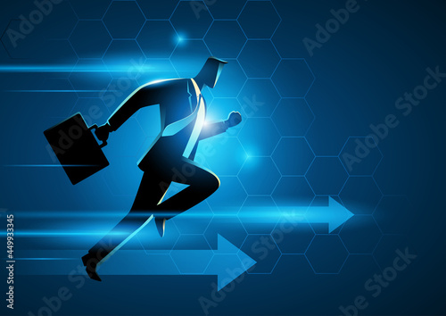 Businessman running with briefcase with modern technology theme