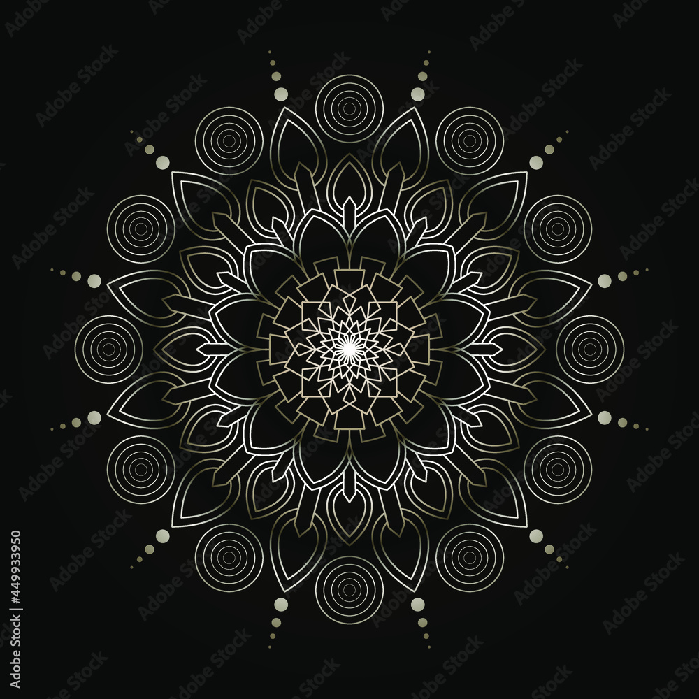 bohemian gold mandala print, antistress coloring book, tattoo design oriental or indian, islamic mysterious hand drawn ornament for meditation or yoga vector illustration. Black and gold color