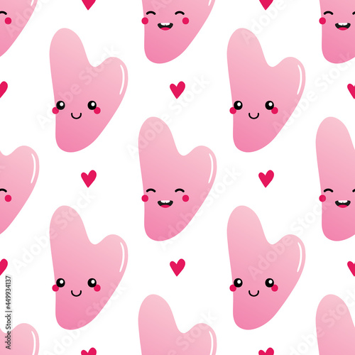 Pink stone, rose quartz gua sha beauty tool characters and hearts vector seamless pattern background.