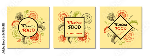 Set of Mexican food hand drawn designs. Vector illustration in sketch style
