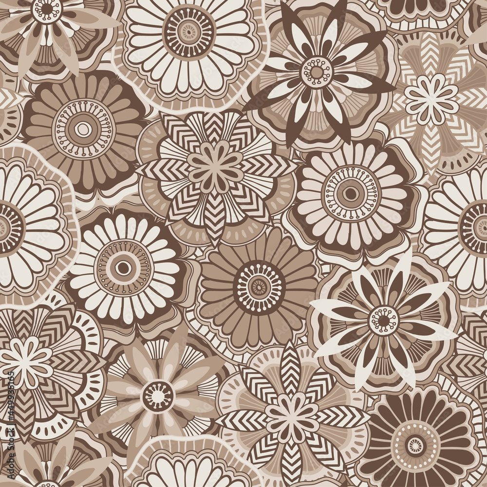 Seamless pattern with stylish decorative flowers in beige tones