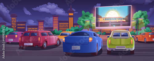 Car street cinema. Drive-in movie theater with automobiles on open air parking at summer night. Outdoor large screen glowing in darkness. Urban entertainment, film festival concept in cartoon style.