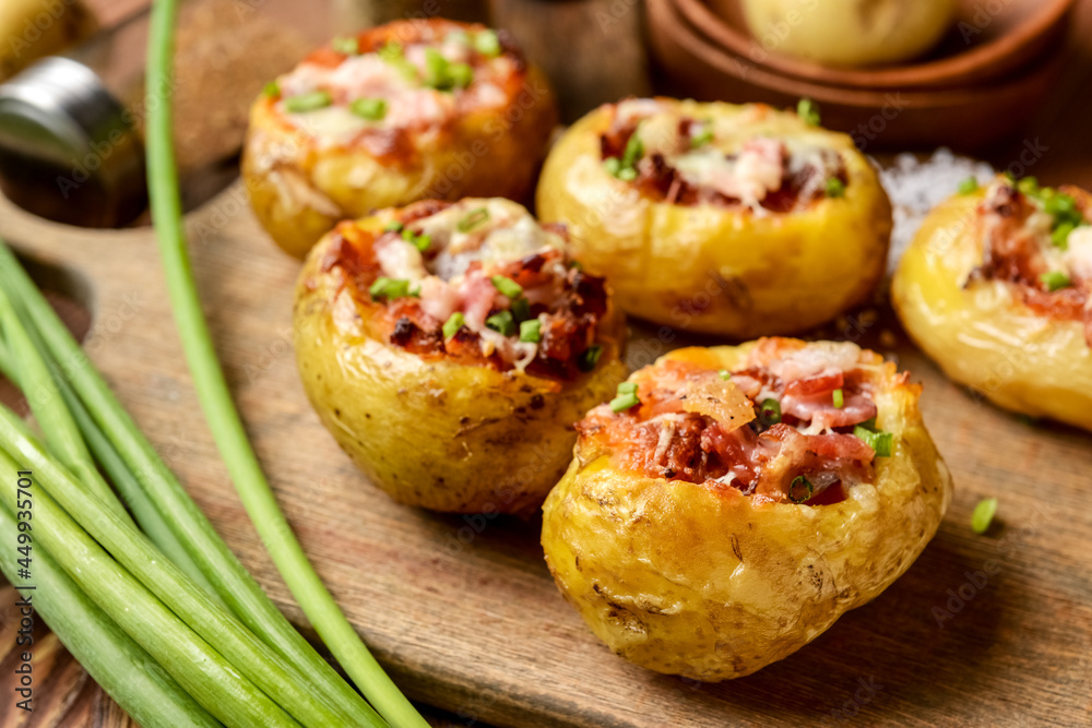 Tasty baked potato on table, closeup