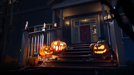Halloween scary spooky pumpkins on the yard. Holiday spooky pumpkin. High quality photo