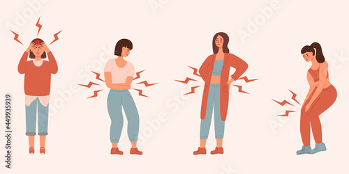Set of unhappy womens. suffering pain or ache in different body parts - knee, head, back, stomack. Vector illustration in flat style. Healthcare, sickness, disease concept, isolated on a white