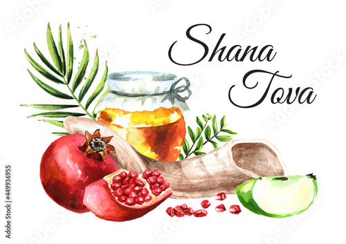 Jewish new year, Rosh Hashanah, Shana Tova card. Hand drawn watercolor illustration,  isolated on white background photo