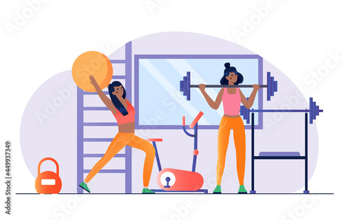 Women in gym club doing bench press. Room with sport equipment for workouts. Flat cartoon illustration vector concept web banner design isolated on white background
