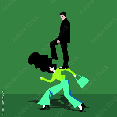 Diversity - Businessman Using Businesswoman as a Ladder in a Green Background
