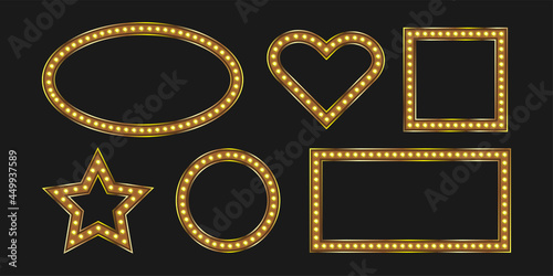 Gold square and oval frames with marquee bulb. Vintage shiny signboard with neon light. Warm led lit.