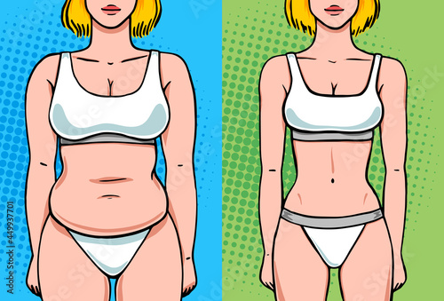 Woman weight loss before and after front view in linen, fat loss vector illustration in pop art retro comics style