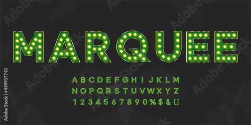 Green shining marquee alphabet with numbers and warm light. Vintage illuminated letters for text logo or sale banner