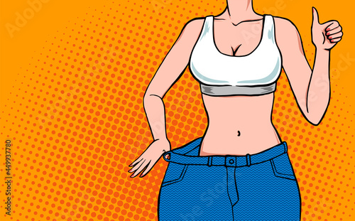 Slim woman after weight loss showing thumbs up and holding her oversized jeans, weight loss concept illustration in pop art style with copy space