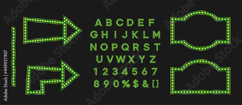 Green shiny frame and arrow for black friday sale banner or signboard. Marque alphabet for night club logo or event badge.