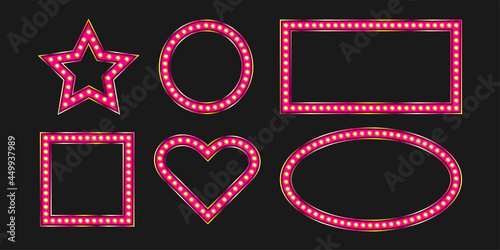 Square and oval pink frames with marquee bulb. Vintage shiny signboard with bright neon light. Warm led lit.