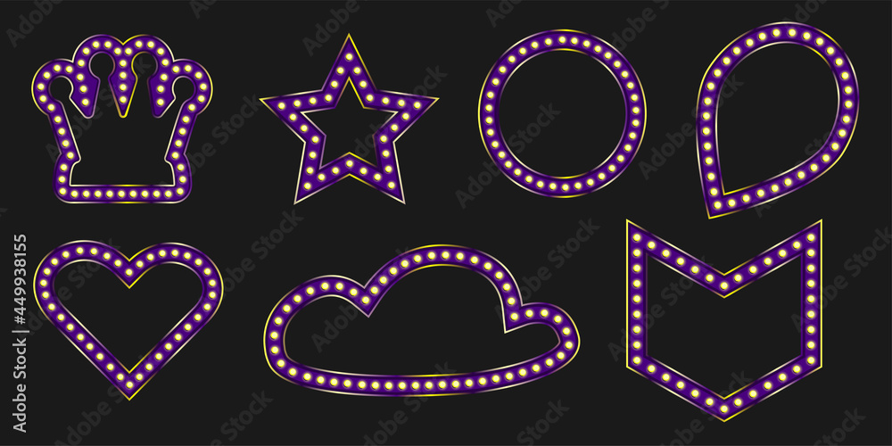 Purple crown marquee shiny badge. Violet black friday banner graphic for luxury event design. Pin light with star and heart frame.