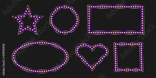 Square and oval purple geometric frames with marquee bulb. Violet vintage shiny signboard with neon light. Warm led lit.