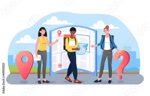 Tourist ask passerby human route to destination point. Navigation map app modern technology help people orientate in unfamiliar terrain. Flat cartoon vector concept design isolated on white background