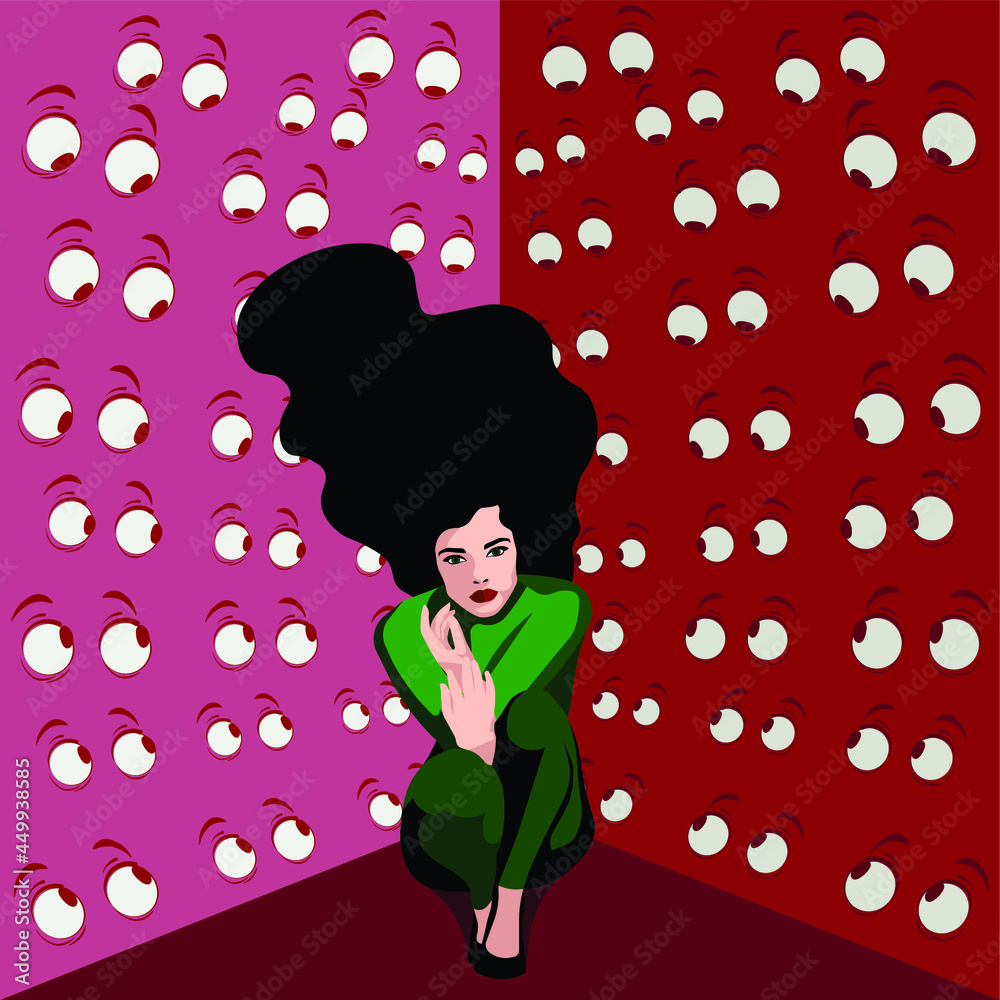 Psychopathology - Mental Health Disorder - Anxiety Disorder - scared woman in a corner observed by several eyes Psychopathology - Mental Health Disorder - Anxiety Disorder - scared woman in a corner observed by several eyes