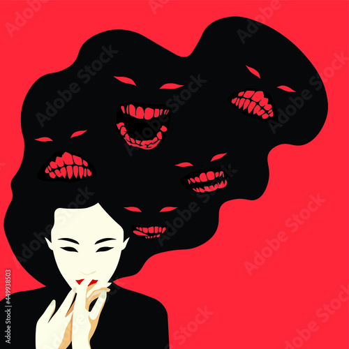 Psychopathology - Mental Health Disorder - Schizophrenia - Oriental woman with different faces in her hair