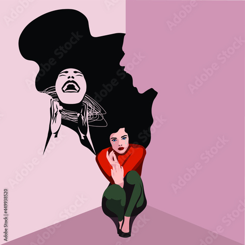 Psychopathology - Mental Health Disorder - Post Traumatic Stress Disorder - young woman huddled in the corner by man in figure background