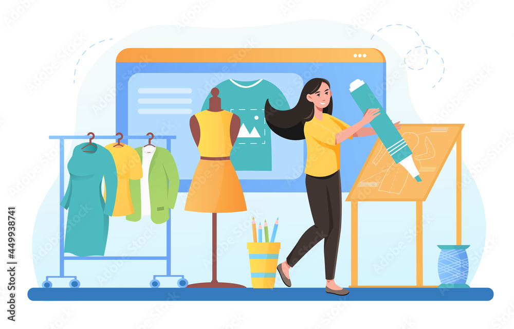 Naklejka premium Young pretty woman creating, constructing and sewing fashion collection, drawing dress sketches, cutting fabric, taking measures. Flat cartoon vector concept design isolated on white background