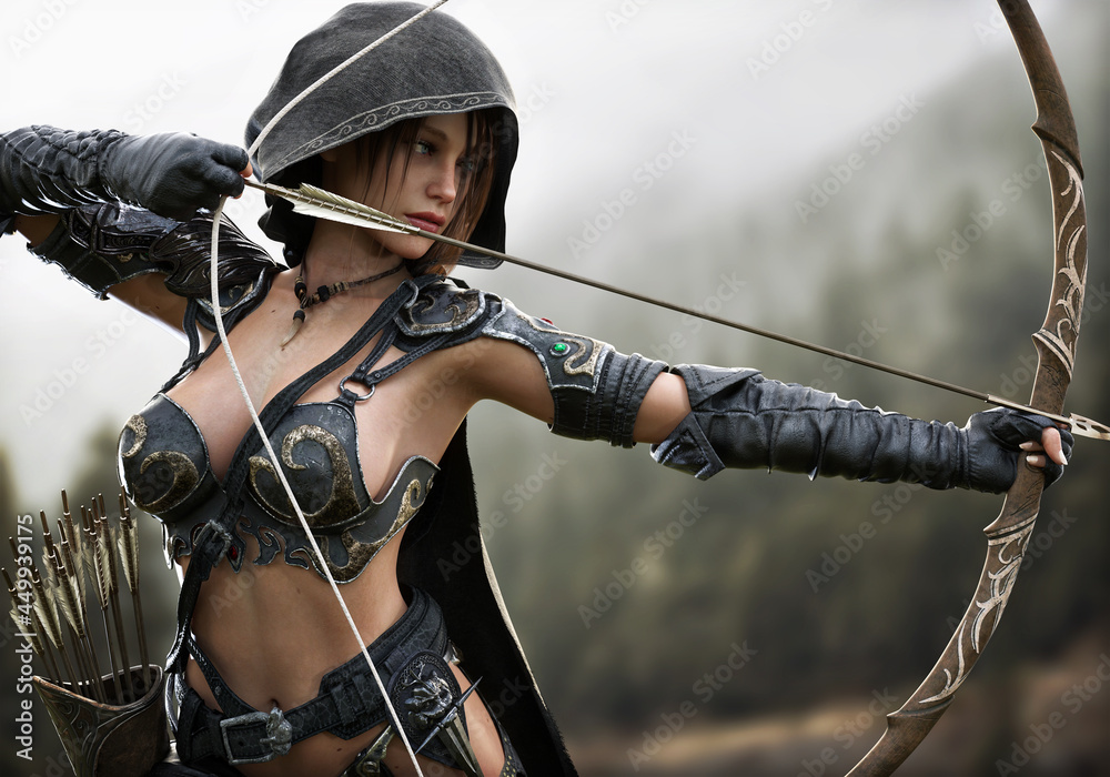 Obraz premium Portrait of a fantasy female Ranger archer aiming at her target from a distance wearing leather armor , hooded cloak and equipped with a bow. 3d rendering 