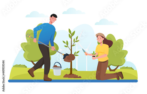 Reforestation, save earth ecology. Humans planting trees, sustainable energy poster, forest cover recovery. Flat cartoon illustration vector concept web banner design isolated on white background