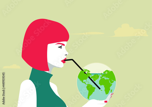 woman drinking the earth in a cool yellow background