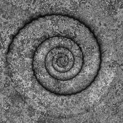 A 3d digital render of a spiral shape that is aged and in black and white.