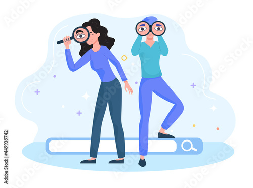 Curious women look through binoculars. Search address and navigation bar, research, web surfing. Flat cartoon abstract metaphor illustration vector concept design isolated on white background