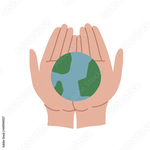 The man holds the earth in his palms. Adult hands are holding the globe. We do not inherit the planet from our ancestors, but borrow from our children. Vector isolated illustration.