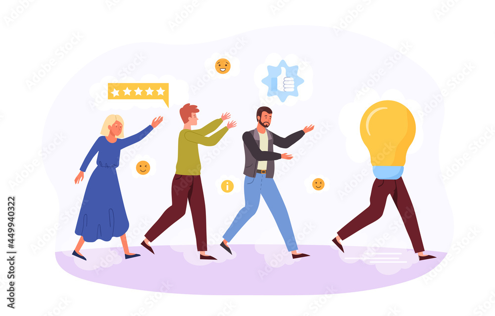 People try to catch up running away light bulb, escape idea, unreachable thinking, looking for new idea. Flat cartoon illustration vector concept web banner design isolated on white background