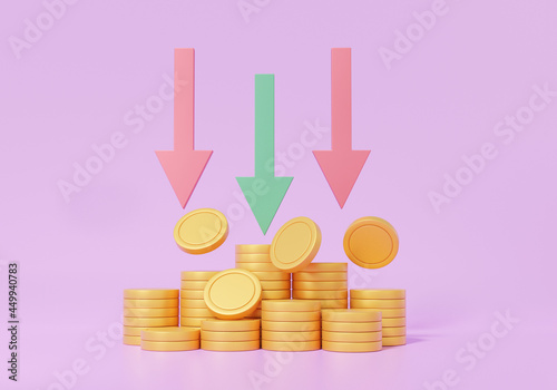 Coins stacks cartoon style stacks ,arrow reduce depreciate money appreciation, growth investment success Finance economics education concept. on purple background, 3D render photo