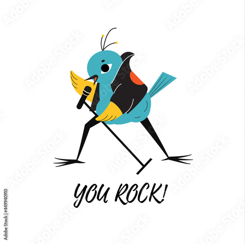 Funny bird singing in microphone and typography You rock. sticker, poster design. vector illustration