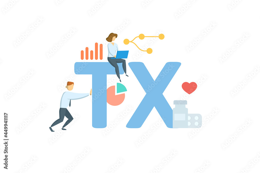 TX, Treatment. Concept with keyword, people and icons. Flat vector illustration. Isolated on white.