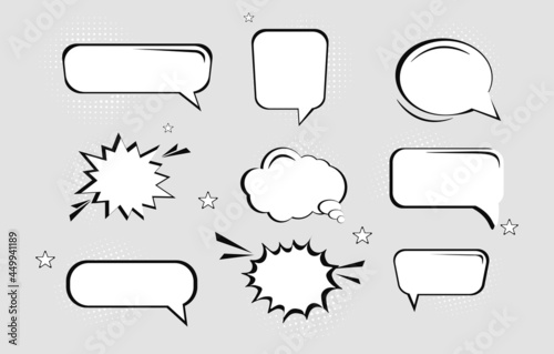 Collection of empty hand drawn comic speech bubbles with halftone shadows. Doodle set element. Flat cartoon illustration vector concept web banner design isolated on white background