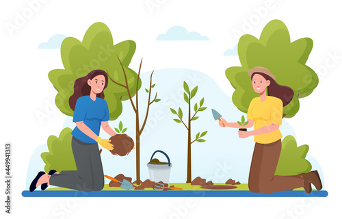 Reforestation, save earth ecology. Humans planting trees, sustainable energy poster, forest cover recovery. Flat cartoon illustration vector concept web banner design isolated on white background