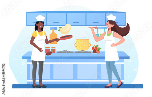 Home kitchen interior, mixed race housekeepers prepare homemade meal, culinary staff teamwork horizontal banner. Flat cartoon illustration vector concept design isolated on white background