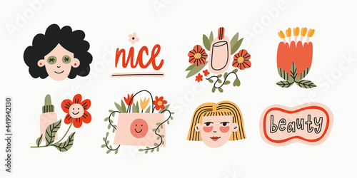 Nice set of vector illustrations with cosmetics,  shopping bag, flowers, plants and girls. Natural organic products. Self love and skin care routine concept. Icons, stickers, highlights.