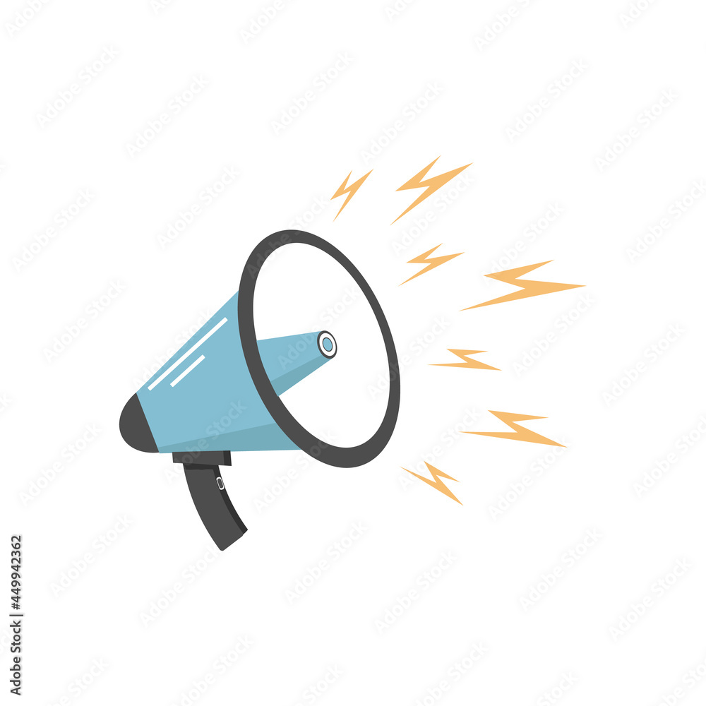 Megaphone or loudspeaker flat noisy with lightning icon isolated on white background. Symbol for news, social networking, promotion, broadcasting, marketing. Vector