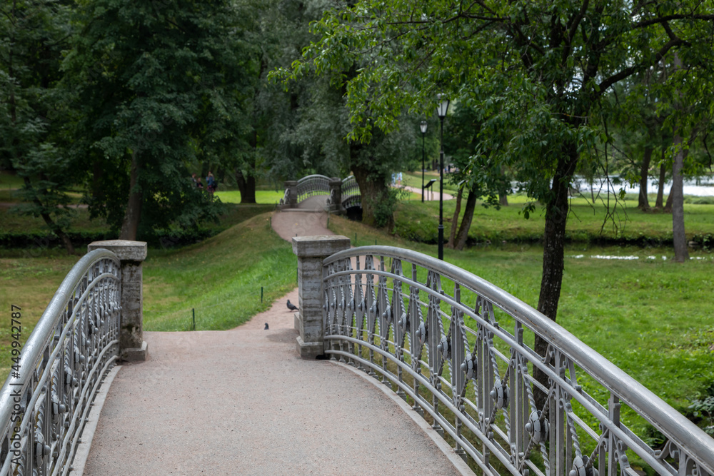 A pedestrian made of metal and stone bridge in a green summer park is surrounded by lush trees. There is a small pond under the bridge, the banks are overgrown with grass, reeds and water lilies.