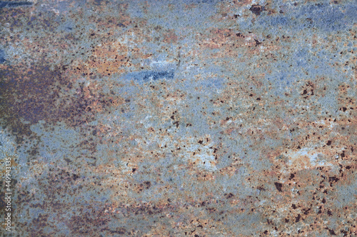 Old light blue painted grey rusty rustic rust iron metal background texture, horizontal aged damaged weathered scratched plain paint patch plate, grunge pattern copy space macro closeup, scratches