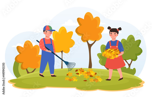 Happy kids doing housework chores, raking falling leaves. Autumn cleanup day, seasonal cleaning service. Flat cartoon vector illustration concept design isolated on white background