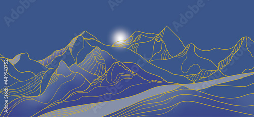 Abstract blue background, vector illustration. The pattern of lines is formed by mountains, water, and a road. The moon is over the mountains. Modern minimal style.